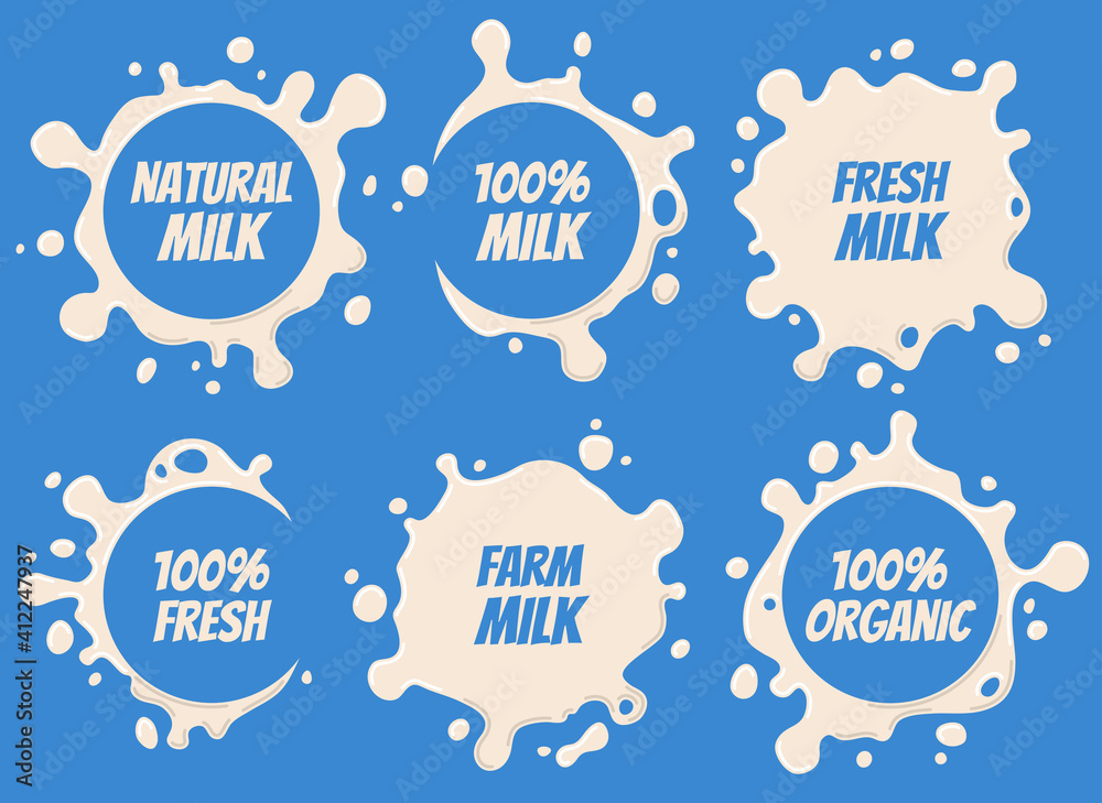 Splash and blot milk labels set. Design, shape creative illustration Splash and blot milk labels set. Design, shape creative illustration