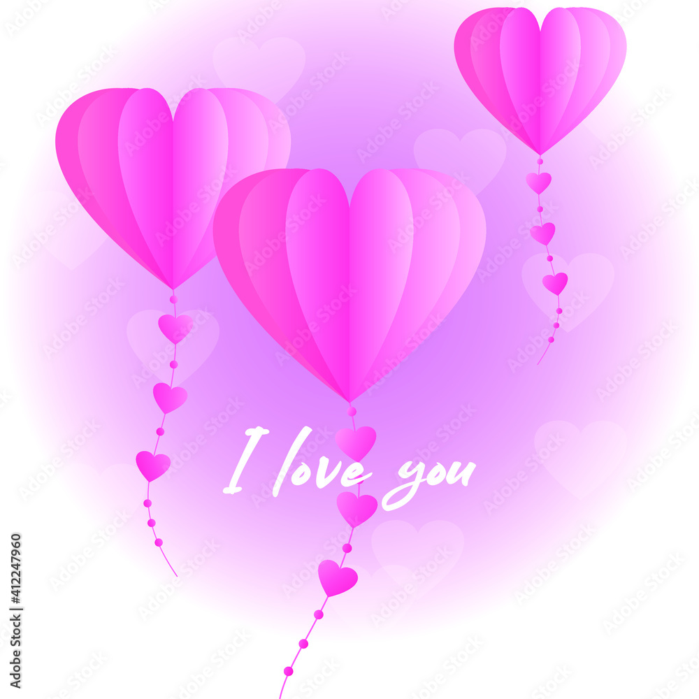 I love you. Pink stylized balloons in the form of hearts on a purple background. Vector illustration