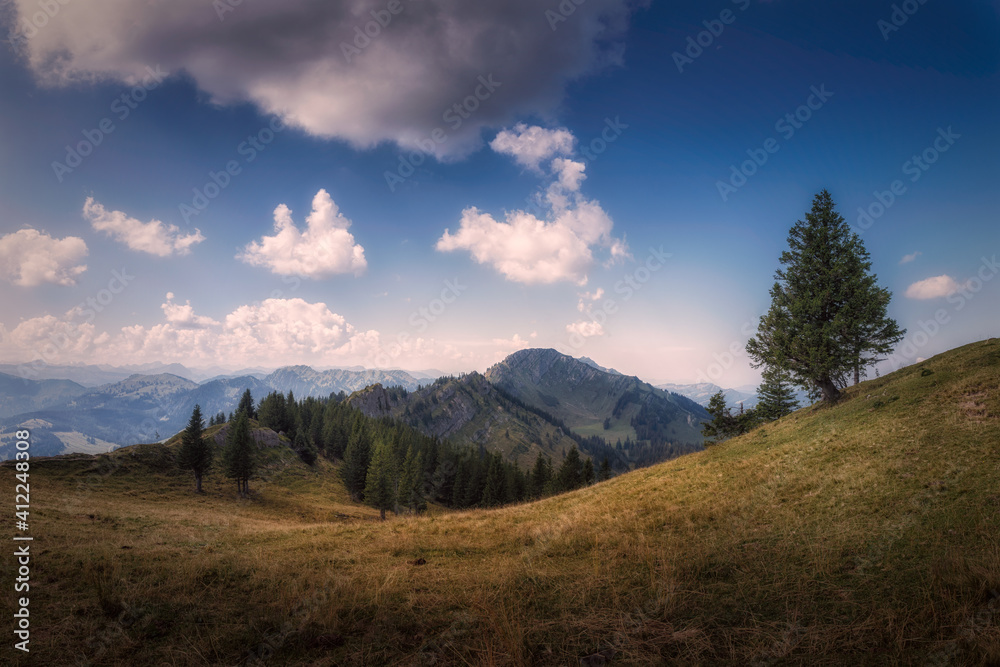Blick vom Steineberg zum Berggipfel Stuiben auf der Nagelfluhkette in den Allgäuer Alpen