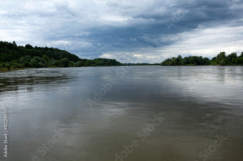 wide Vistula river and storm clouds in Kazimierz Dolny, Poland