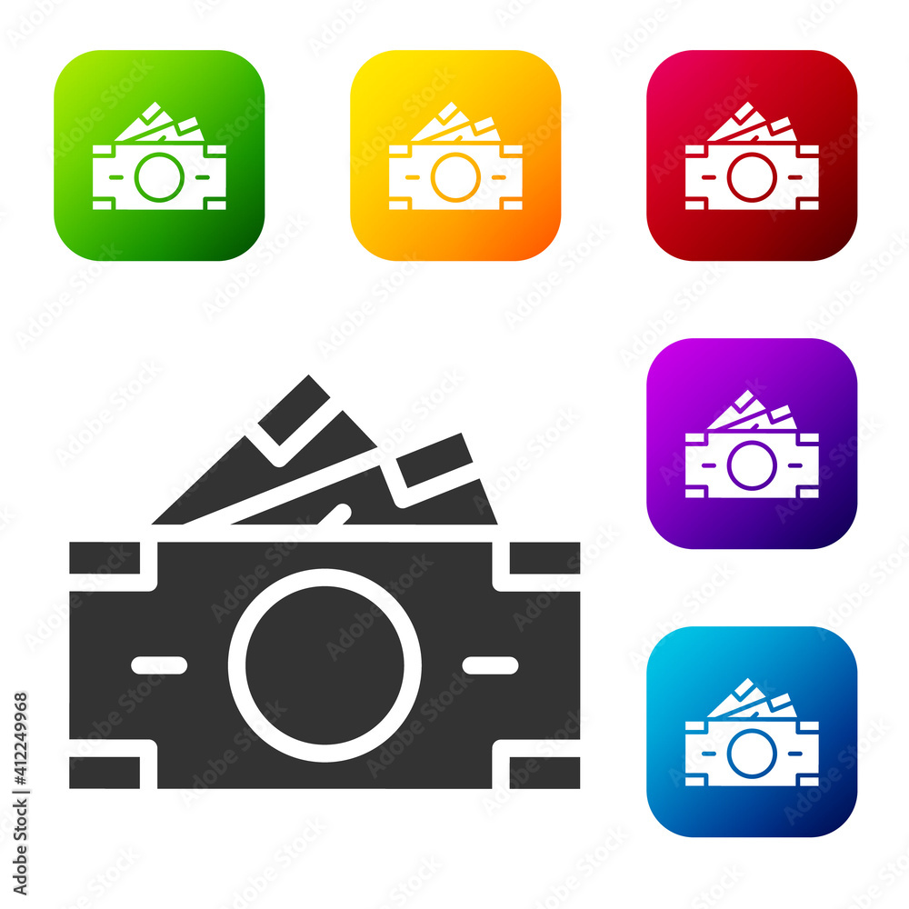 Black Stacks paper money cash icon isolated on white background. Money banknotes stacks. Bill currency. Set icons in color square buttons. Vector. Black Stacks paper money cash icon isolated on white background. Money banknotes stacks. Bill currency. Set icons in color square buttons. Vector.