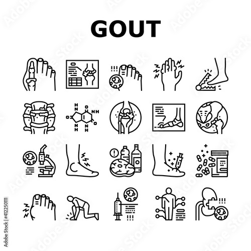 Gout Health Disease Collection Icons Set Vector. Ridge And Articular Cartilage Gout, X-ray Radiograph And Syringe For Treatment Health Problem Black Contour Illustrations