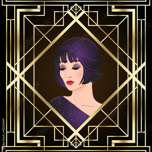 Art Deco vintage invitation template design with illustration of flapper girl. patterns and frames. Retro party background set (1920's style). Vector for glamour event, thematic wedding or jazz party.