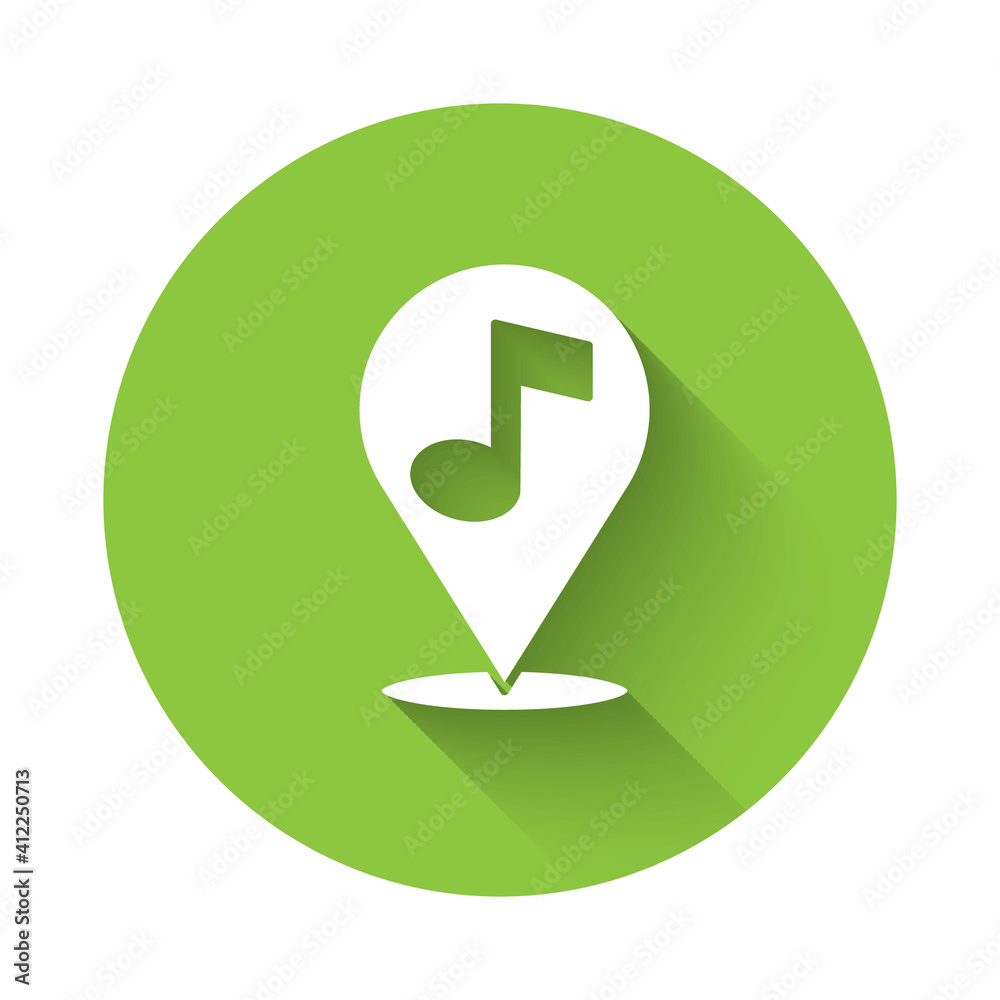 White Location musical note icon isolated with long shadow. Music and sound concept. Green circle button. Vector. White Location musical note icon isolated with long shadow. Music and sound concept. Green circle button. Vector.