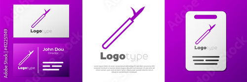 Logotype Metal pike pole with wooden handle icon isolated on white background. Spear, pickaxe, hook hand extinguishing instrument and tool for fireman. Logo design template element. Vector.