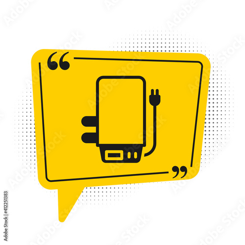 Black Electric boiler for heating water icon isolated on white background. Yellow speech bubble symbol. Vector.