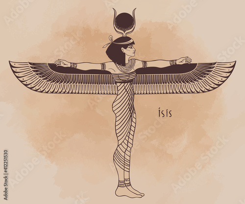 Isis, goddess of life and magic in Egyptian mythology. One of the greatest goddesses of Ancient Egypt, protects women, children, heals sick. Vector illustration over aged background. Winged woman.