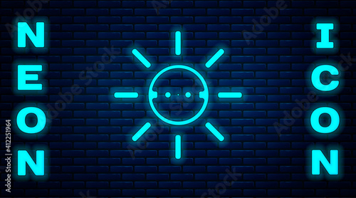 Glowing neon Solar energy panel icon isolated on brick wall background. Sun with lightning symbol. Vector.