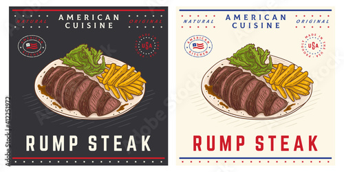Rump steak with french fries and salad american cuisine