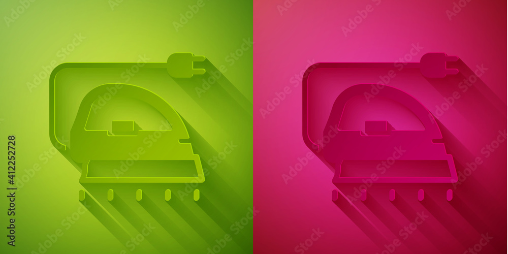 Paper cut Electric iron icon isolated on green and pink background. Steam iron. Paper art style. Vector. Paper cut Electric iron icon isolated on green and pink background. Steam iron. Paper art style. Vector.