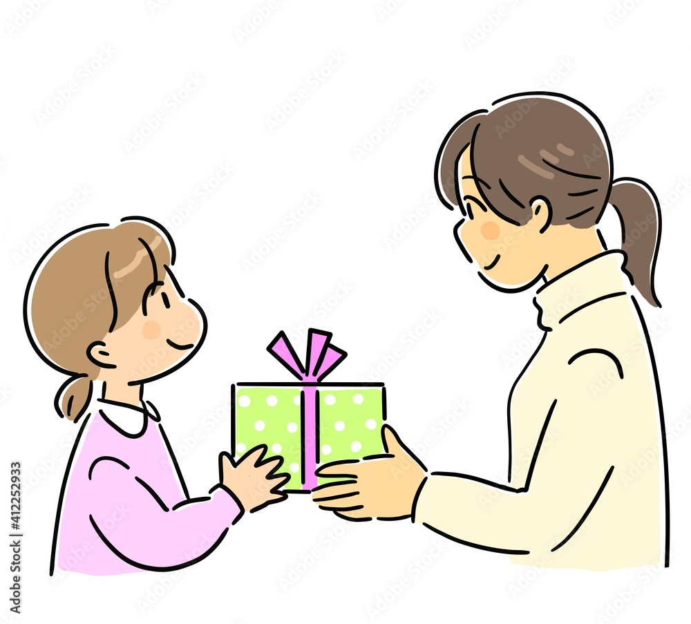 プレゼントを渡す女の子、女性 プレゼントを渡す女の子、女性