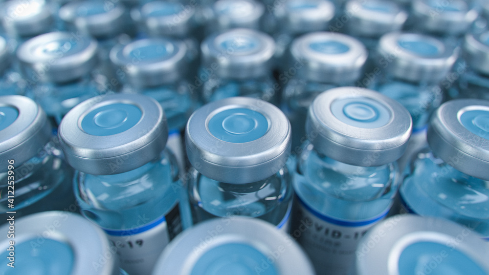 SARS-COV-2 COVID-19 Coronavirus Vaccine Mass Production in Laboratory, Bottles with Branded Labels Move on Pharmaceutical Conveyor Belt in Research Lab. Medicine Against SARS-CoV-2. SARS-COV-2 COVID-19 Coronavirus Vaccine Mass Production in Laboratory, Bottles with Branded Labels Move on Pharmaceutical Conveyor Belt in Research Lab. Medicine Against SARS-CoV-2.