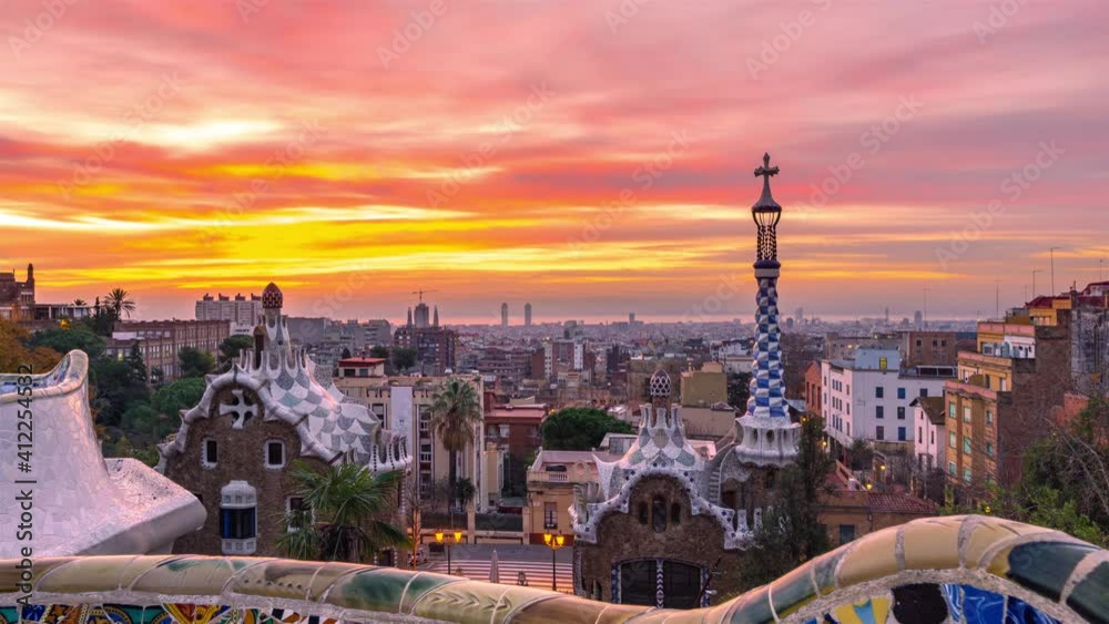 Barcelona Park Guell Sunrise Night to Day Timelapse
