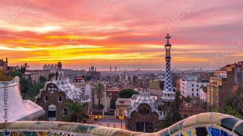 Barcelona Park Guell Sunrise Night to Day Timelapse