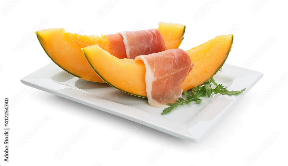 Plate with delicious melon and prosciutto on white background Plate with delicious melon and prosciutto on white background
