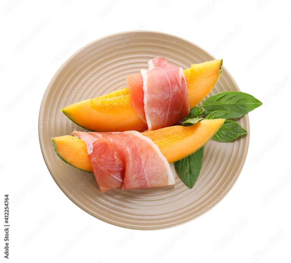 Plate with delicious melon and prosciutto on white background Plate with delicious melon and prosciutto on white background