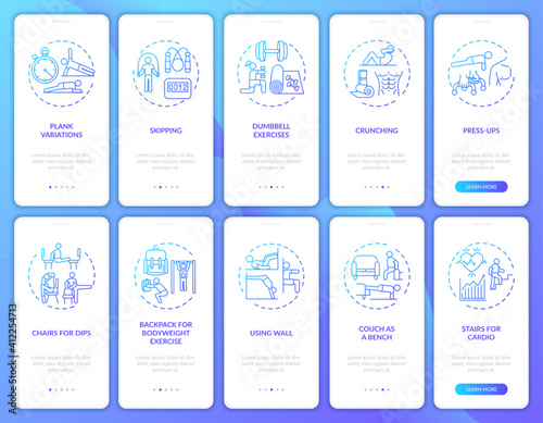 Remote pilates online onboarding mobile app page screen with concepts set. Exercises, fitness equipment walkthrough 5 steps graphic instructions. UI vector template with RGB color illustrations