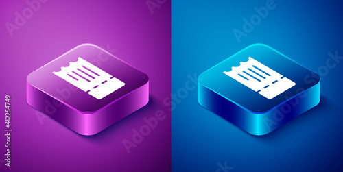 Isometric Train ticket icon isolated on blue and purple background. Travel by railway. Square button. Vector.