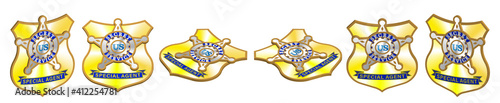 3d set of fictional badges or icons of the United States Secret Service, special agent. Signs in six projections on an isolated white background. Shield and star. Clipping mask. EPS10