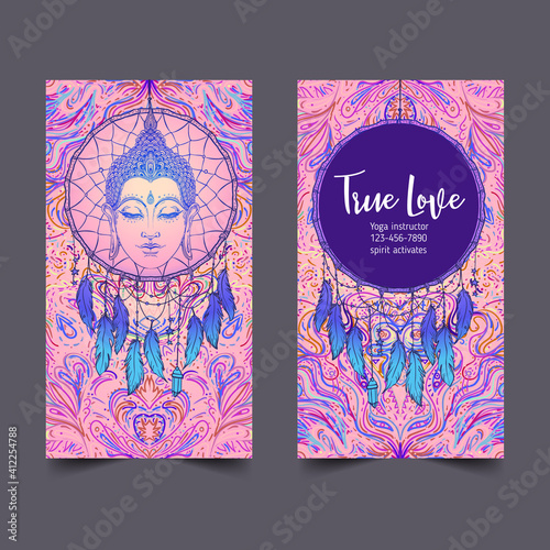 Yoga card, flyer, poster, mat design. Colorful design template for spiritual retreat or yoga studio. Ornamental business cards, oriental pattern. Vector illustration.