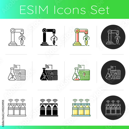 Automation of agronomy icons set. Engineering in biotechnology. High-tech. Harvesting robotics. Silhouette symbols. Linear, black and RGB color styles. Isolated vector illustrations