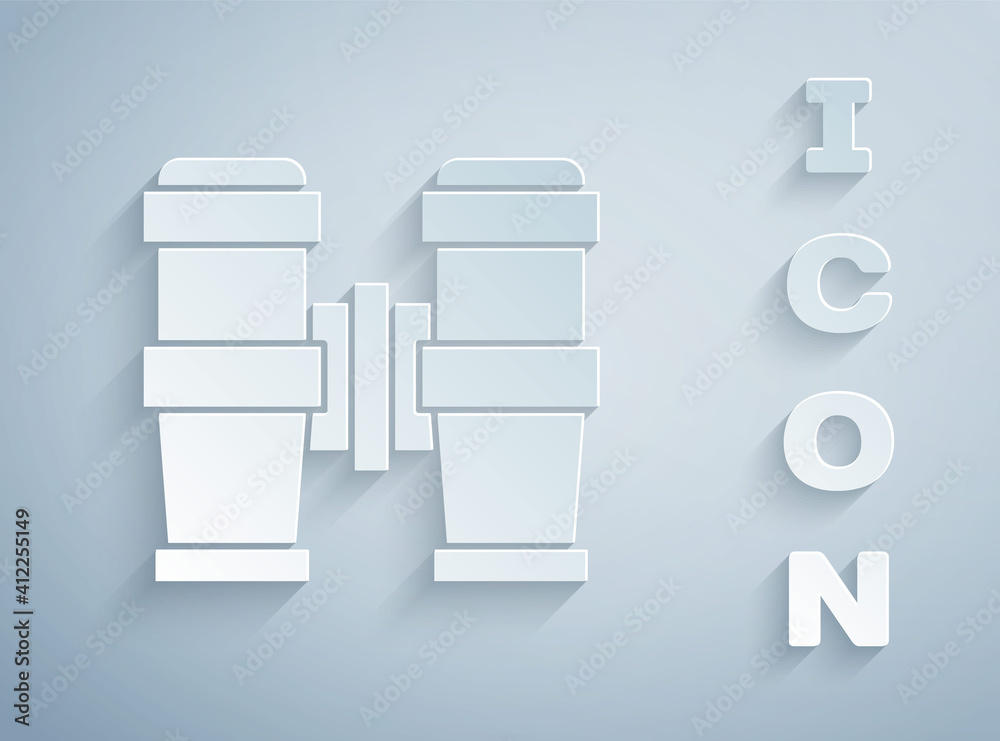 Paper cut Binoculars icon isolated on grey background. Find software sign. Spy equipment symbol. Paper art style. Vector. Paper cut Binoculars icon isolated on grey background. Find software sign. Spy equipment symbol. Paper art style. Vector.