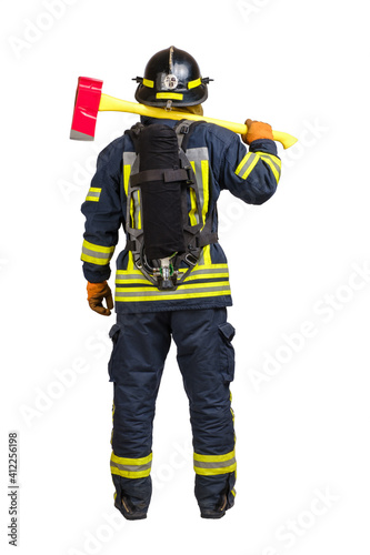 Full body rear view of fireman in fire-proof uniform and hardhat with air tank on his back and axe on shoulders over white background isolated.