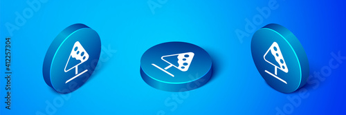 Isometric Road sign avalanches icon isolated on blue background. Snowslide or snowslip rapid flow of snow down a sloping surface. Blue circle button. Vector.