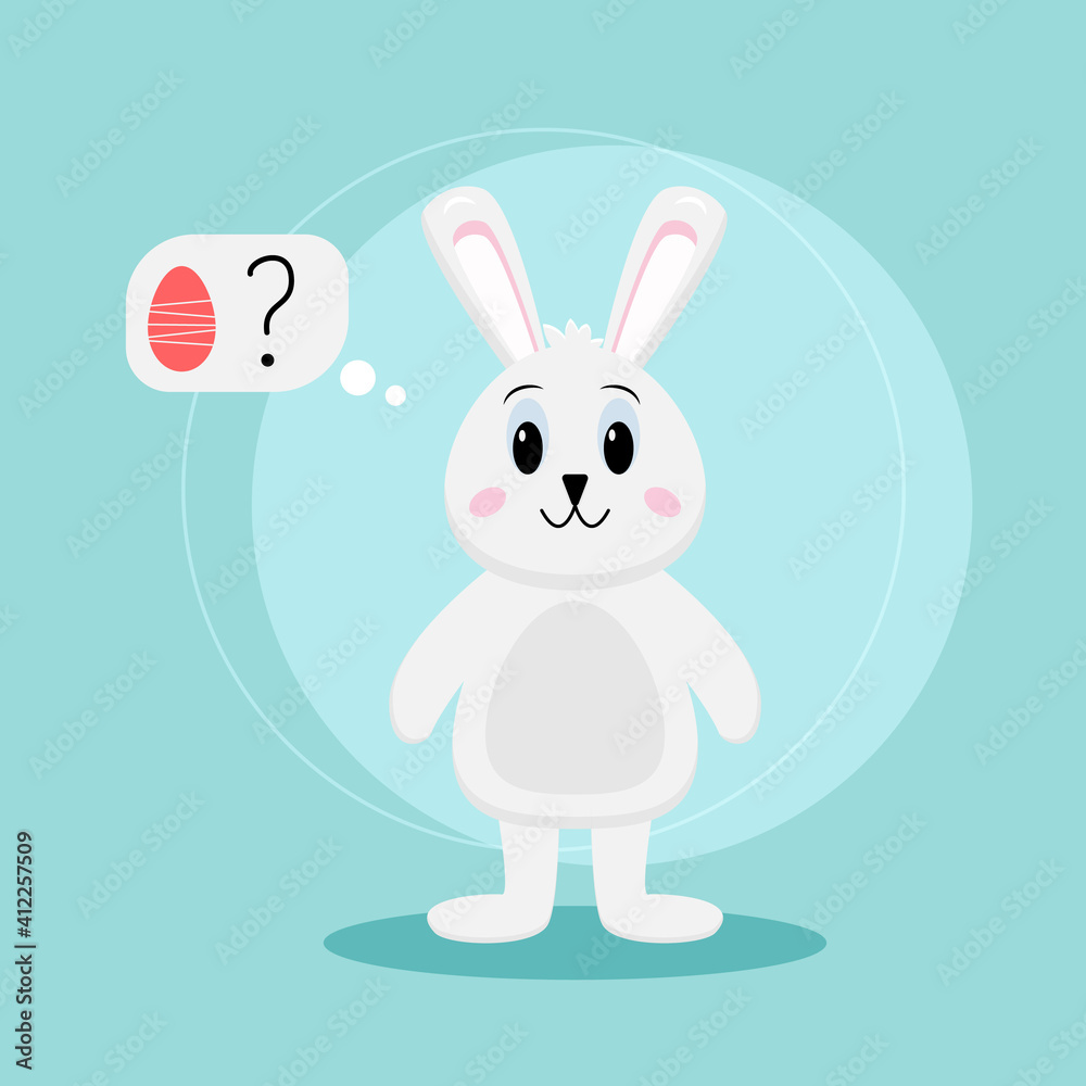Obraz premium White Easter bunny with an easter egg on blue background. Vector illustration