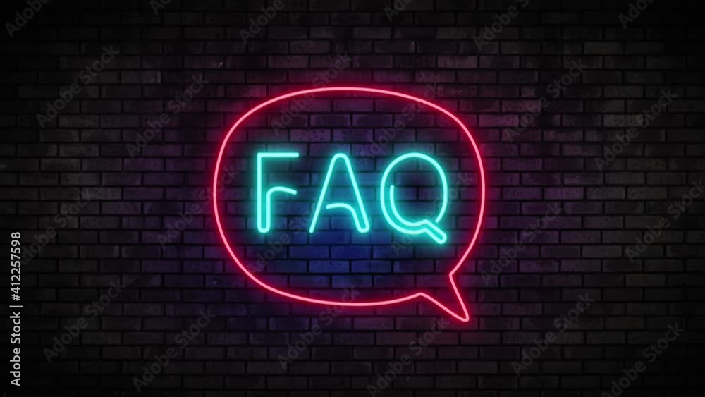 Neon FAQ and speech bubble on brick wall. Night Club Bar Blinking Neon Sign. Motion Animation. Video available in 4K FullHD and HD render footage. Neon FAQ and speech bubble on brick wall. Night Club Bar Blinking Neon Sign. Motion Animation. Video available in 4K FullHD and HD render footage.