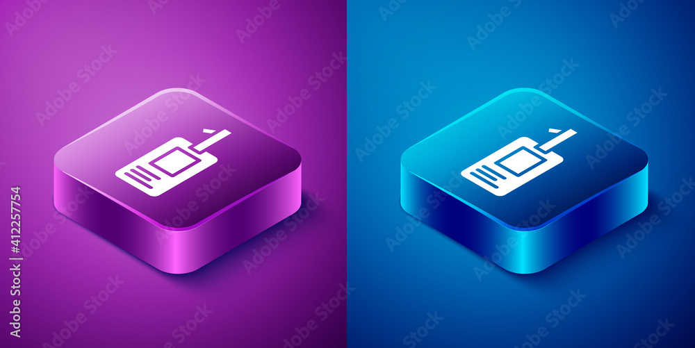 Isometric Identification badge icon isolated on blue and purple background. It can be used for presentation, identity of the company, advertising. Square button. Vector. Isometric Identification badge icon isolated on blue and purple background. It can be used for presentation, identity of the company, advertising. Square button. Vector.