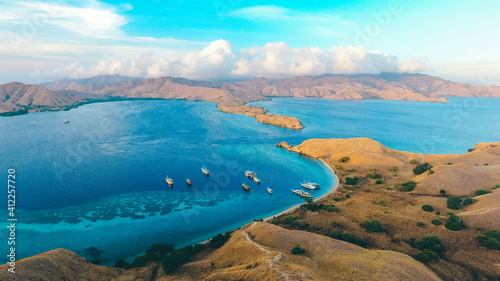 Aerial iew of Gili Laba or Lawa Darat located in Komodo National Park, Labuan Bajo, Indonesia. Strong current can be seen entering into the channel