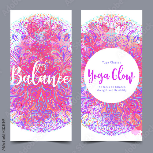 Yoga card, flyer, poster, mat design. Colorful design template for spiritual retreat or yoga studio. Ornamental business cards, oriental pattern. Vector illustration.