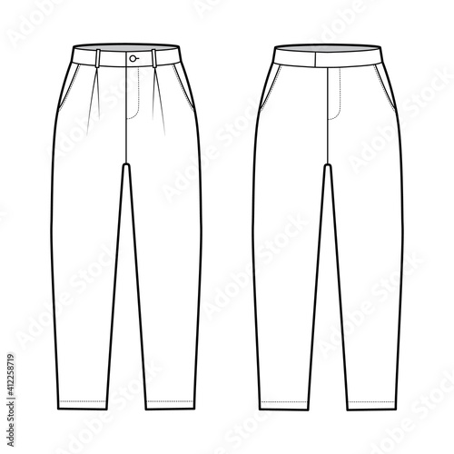Set of Short capri pants technical fashion illustration with mid-calf length, normal waist, high rise, slashed, flap pocket. Flat breeches bottom front, white color style. Women, men CAD mockup
