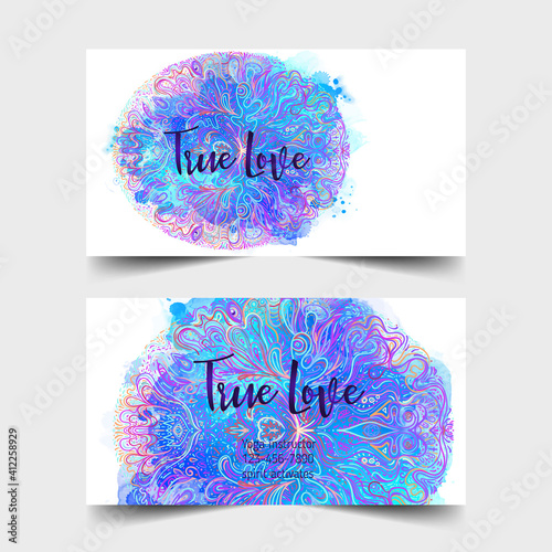 Yoga card, flyer, poster, mat design. Colorful design template for spiritual retreat or yoga studio. Ornamental business cards, oriental pattern. Vector illustration.