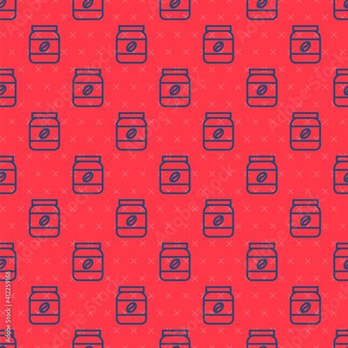 Blue line Coffee jar bottle icon isolated seamless pattern on red background. Vector Illustration.