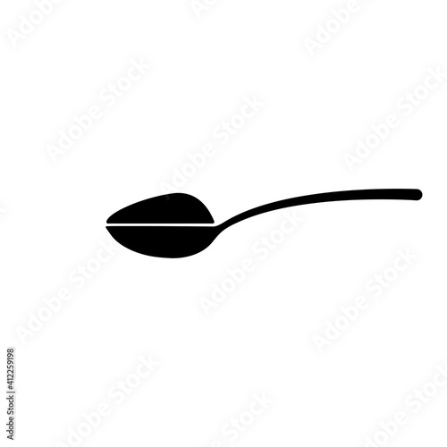 Spoon with sugar or soil silhouette. Spoon with black substance ingredient icon. Vector food illustration isolated on white