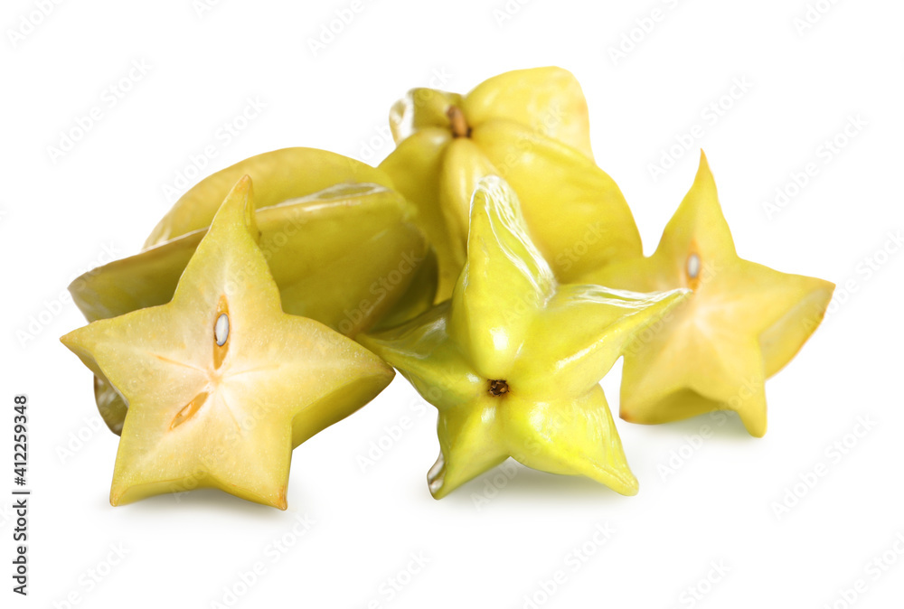Fototapeta premium Cut and whole carambolas on white background