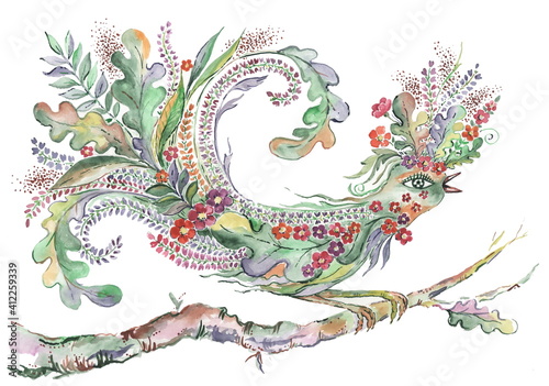 Abstract floral fairy bird sitting on a twig - Hand painted drawing isolated on white background
