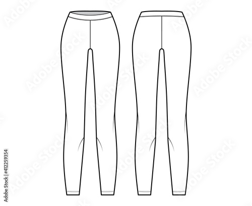 Leggings knit pants technical fashion illustration with low waist, rise, full length. Flat sport training, casual bottom trousers apparel template front, back, white color. Women men unisex CAD mockup