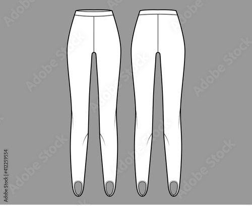 Stirrup Pants knit technical fashion illustration with normal waist, high rise, full length. Flat sport training, casual trousers apparel template front, back, white color. Women men unisex CAD mockup