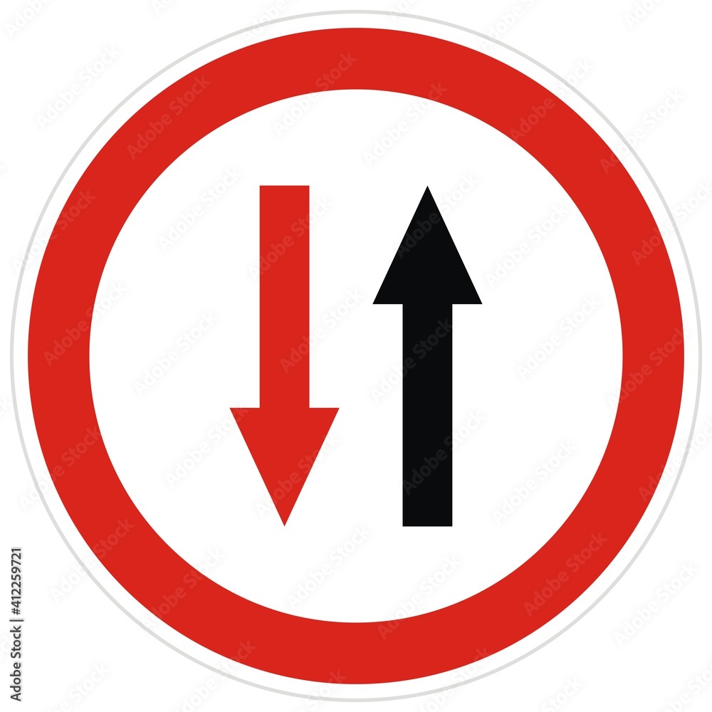 Road sign giving priority to traffic travelling in one direction, vector , red circle frame. Road sign giving priority to traffic travelling in one direction, vector , red circle frame.