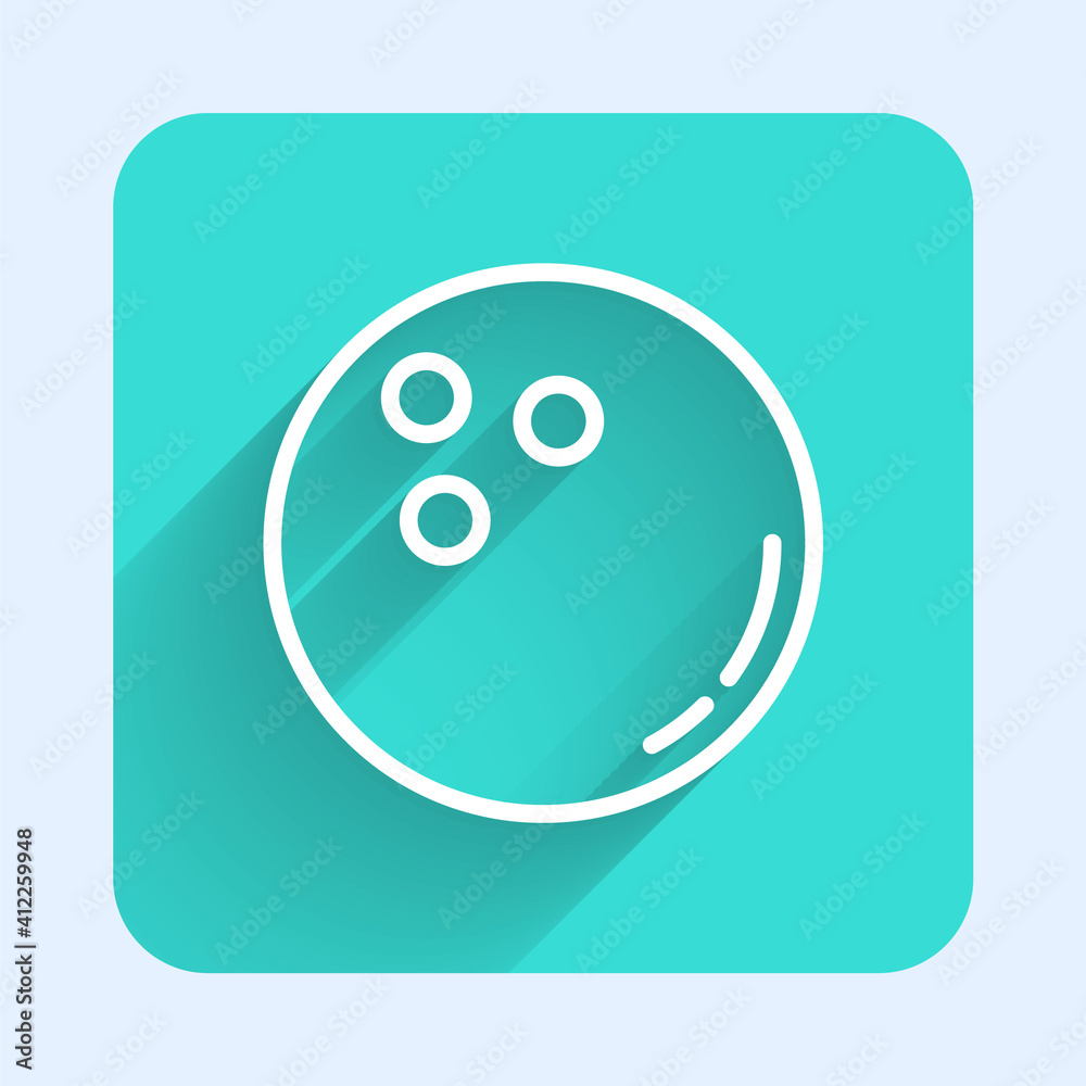 White line Bowling ball icon isolated with long shadow. Sport equipment. Green square button. Vector Illustration. White line Bowling ball icon isolated with long shadow. Sport equipment. Green square button. Vector Illustration.