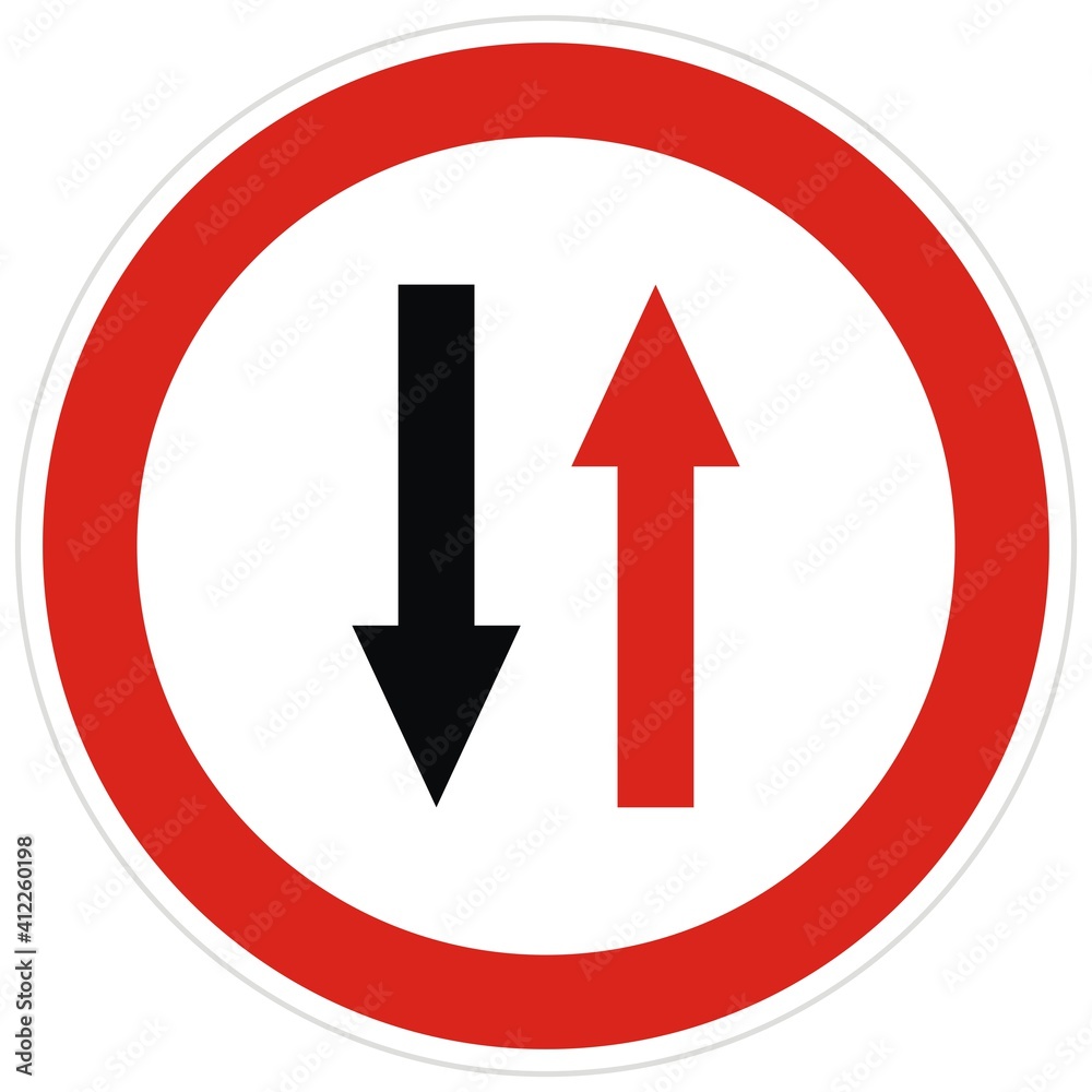 Road sign giving priority to traffic travelling in one direction, vector , red circle frame. Road sign giving priority to traffic travelling in one direction, vector , red circle frame.