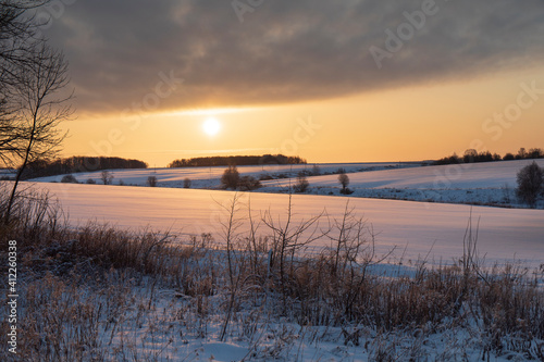 beautiful snow-covered fields with trees in the background