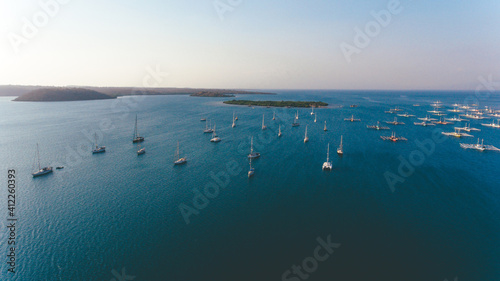 Beautiful seascape with yacht and traditional boat in Lambu Jambu, Sumbawa, Indonesia