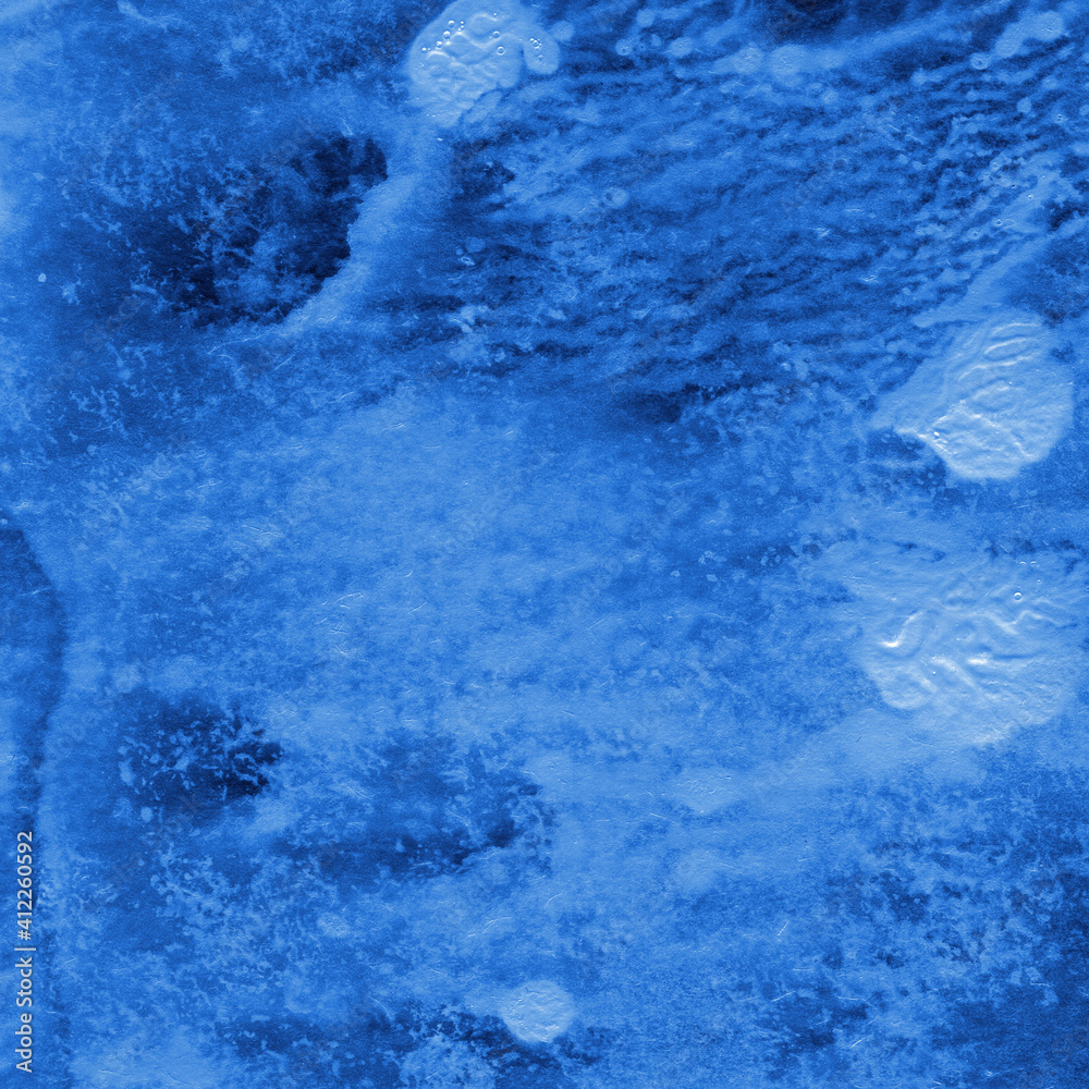 Fototapeta premium Blue ink and watercolor frost texture on white paper background. Paint leaks and decalcomania effects. Hand-painted gouache abstract image. Mess on the canvas.
