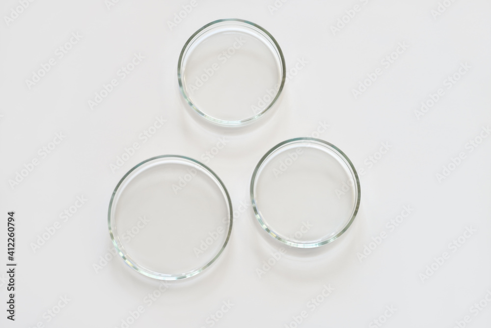 three empty glass Petri dishes on a laboratory table. sterile lab dishes ready for tests. analysis and chemical experiment. cell culture growing equipment. top view. three empty glass Petri dishes on a laboratory table. sterile lab dishes ready for tests. analysis and chemical experiment. cell culture growing equipment. top view.