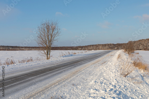 road in a snowy field