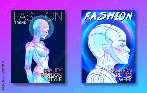 Portrait of robot android woman in retro futurism style. Vector illustration of a cyborg in glowing neon bright colors. futuristic synth wave flyer template. Cyber technology.